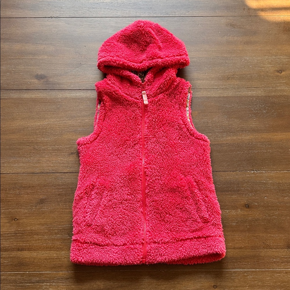 Sz 7-8Y 128cm Mini Boden pocketed Sherpa Faux Fur Hooded Vest with floral lining